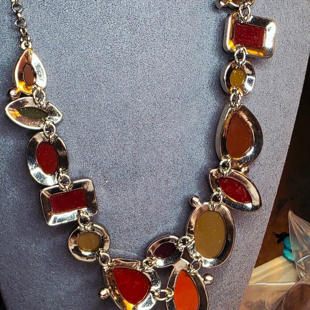 Multicolor Aventurine Glass Statement Necklace Vintage Silver Tone 474 - Picture 5 of 8